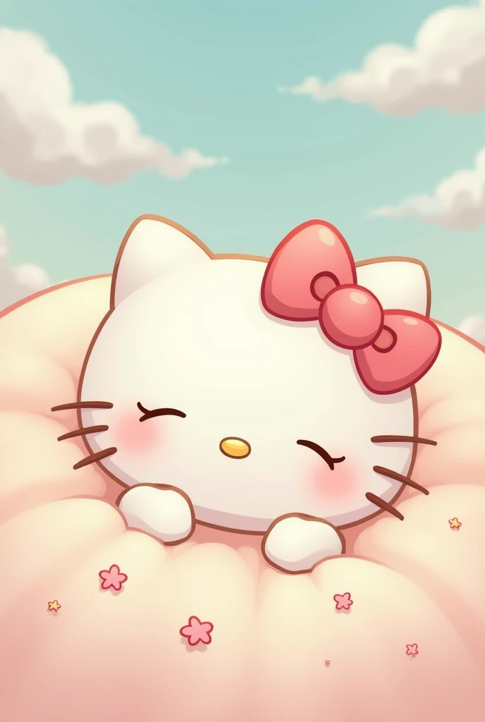 Generate a soft, pastel-colored image of Hello Kitty sleeping awake.