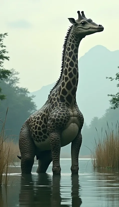 Create a realistic image of a monstrous hybrid giraffe and crocodile in a river, realistic scene format 9 :16