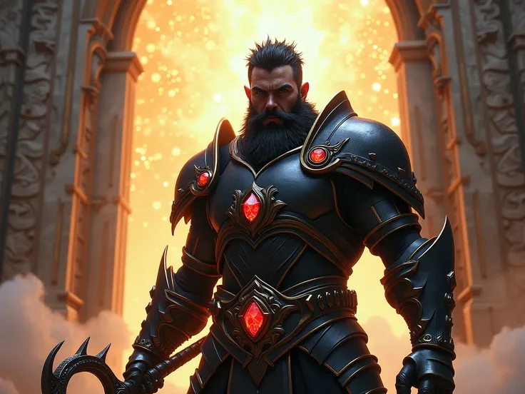 make a fantasy warrior with short black hairs and black beard, black armor with red gems, holding scepter, realistic, attacking gates of heaven with magic