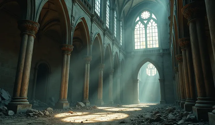 The ruined church with shadows :  Interior of the crumbling church ,  with strange shadows playing on the walls.