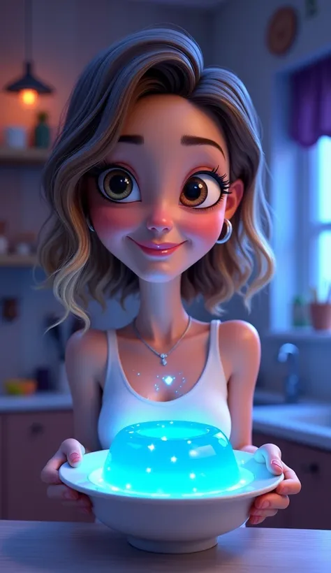 A 3D caricature cartoon-style highly detailed scene of a woman inspired by the provided reference, standing with a sly smile as she presents a glowing bowl of blue gelatin to a man (Alceu). Her exaggerated features include wide, playful eyes and a raised e...