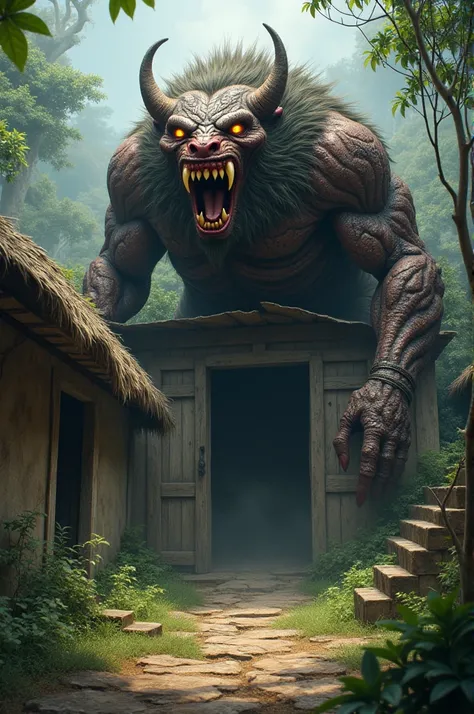 One Indian monster in village house outside 