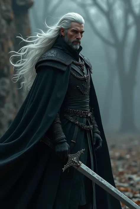 White-haired swordsman with black cape 
