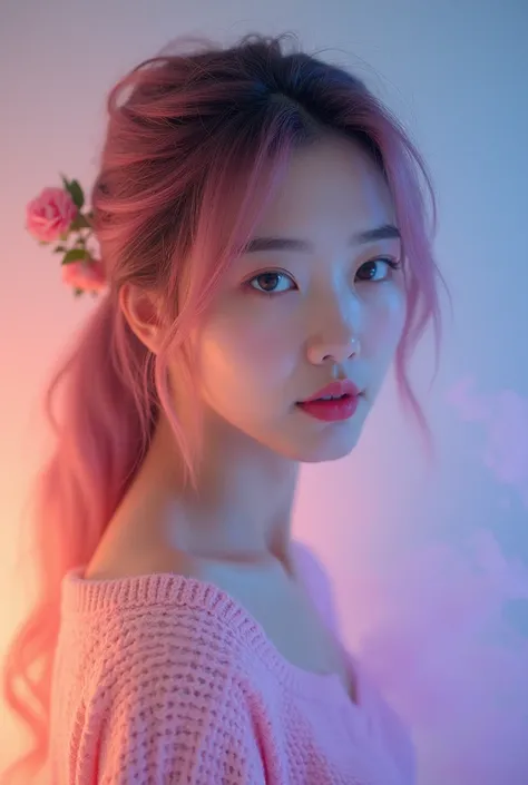 This is a picture of a beautiful korean woman, with flowers, long pink hair in ponytail, with a facial expression calm and focused look ahead . wearing a light pink sweater off shoulder, Her face is highlighted with warm and cold light,  featuring shades o...