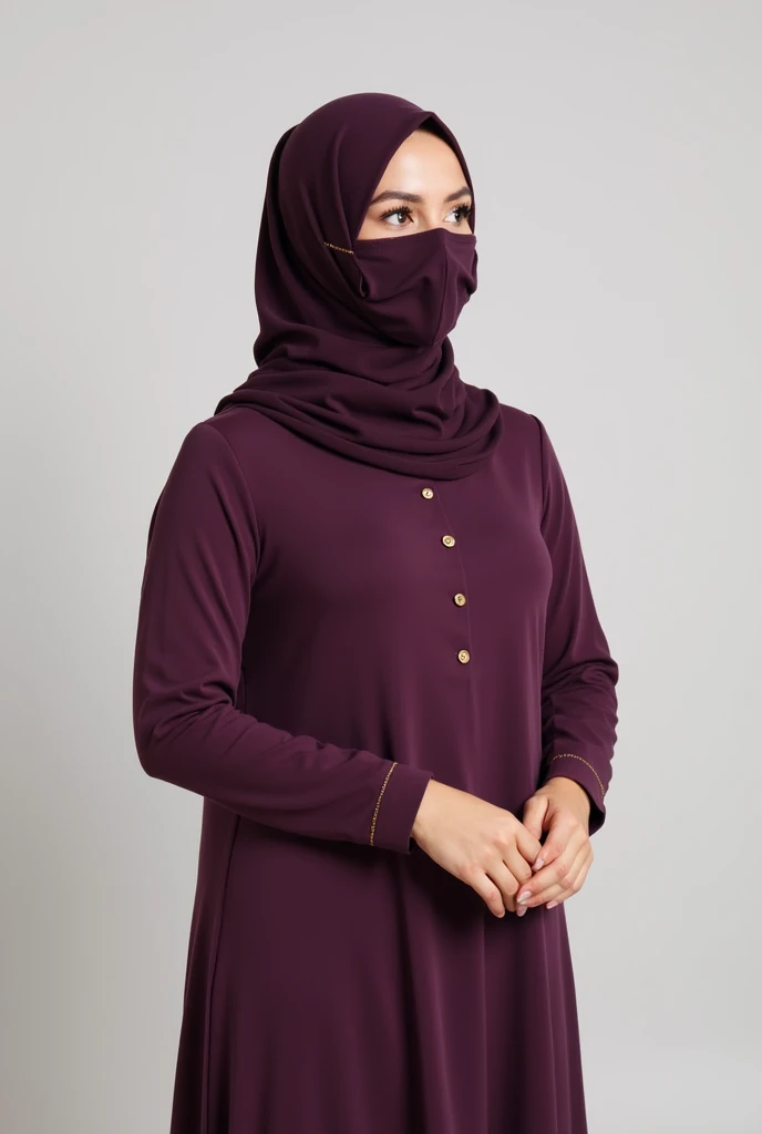 A young Muslim woman wearing a dark purple hijab and matching modest dress, along with a face mask, holding  hands while looking front side   , appearing focused and engaged. The background is a clean, solid color (light or neutral tone such as white or be...