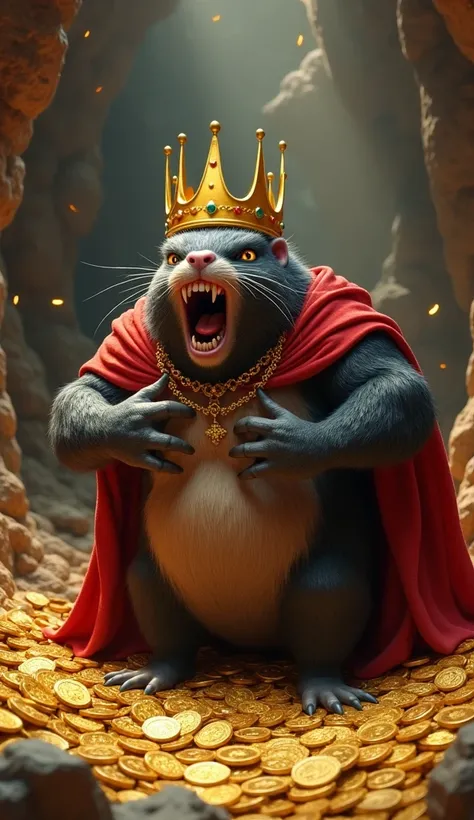 Mole King: (Angry,shouting, grumpy mole with a golden crown, a red cape, and giant digging claws.)putting one hand in chest.inside a cave with lots of gold coins on the ground