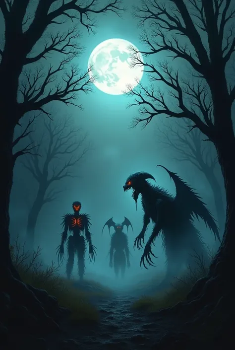 " A dark, misty forest illuminated only by the light of the full moon . in the middle,  several haunted creatures emerge from the shadows :  a skeletal figure with glowing eyes ,  a winged creature with torn wings and a hazy shape that seems to float Flare...