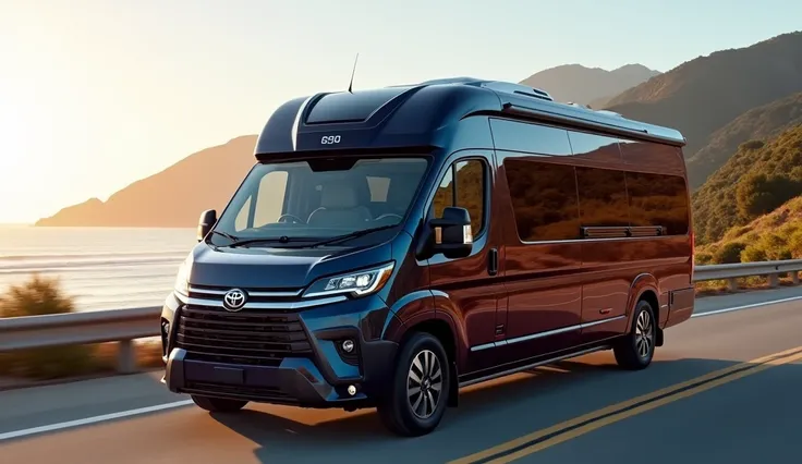 "A 2025 Toyota motorhome in sleek red , viewed from the left front or back angle. The motorhome showcases its modern, aerodynamic design, with large panoramic windows, a spacious sliding door on the side, and an extended rooftop equipped with solar panels....