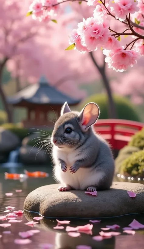 In the heart of a Japanese garden filled with cherry blossoms, an adorable chinchilla sits on a flat rock, surrounded by pink petals that fall gently like spring snowflakes. Her soft, fluffy grey fur shines in the warm sunlight that shines through the flow...