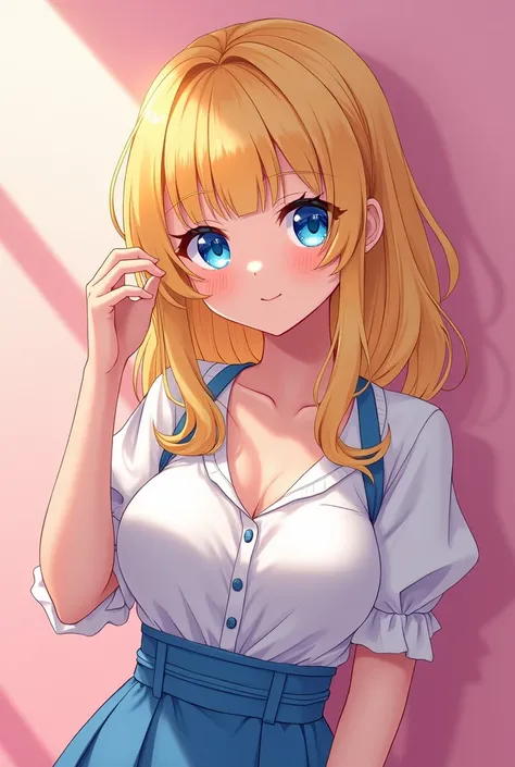 Busty anime girl, blonde, blue eyes, preppy, pink, high detail