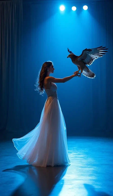 A beautiful woman wearing an elegant, flowing gown, gracefully dancing a waltz with a majestic falcon perched gently on her outstretched arm. The woman has long, wavy hair, her face serene and poised as she moves with fluidity and grace. The falcon is deta...