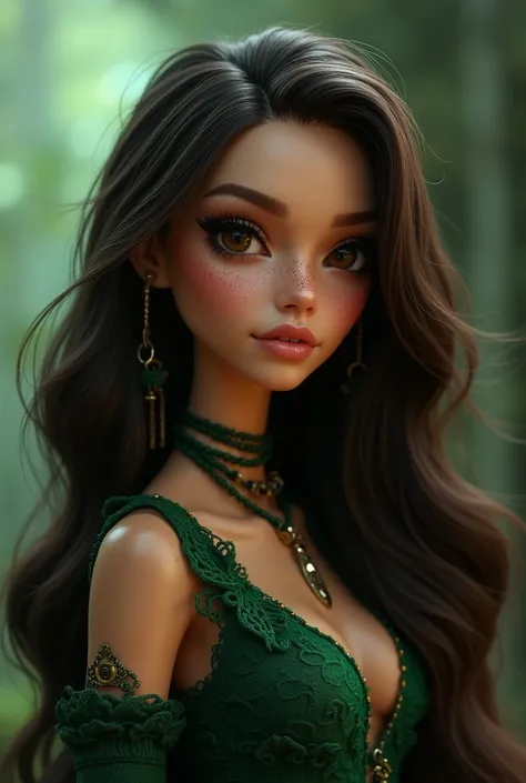 Slytherin girl with dark brown hair,freckles on the nose, white skin ,shorty of 1.50, long wavy hair ,brown eyes, Bratz style