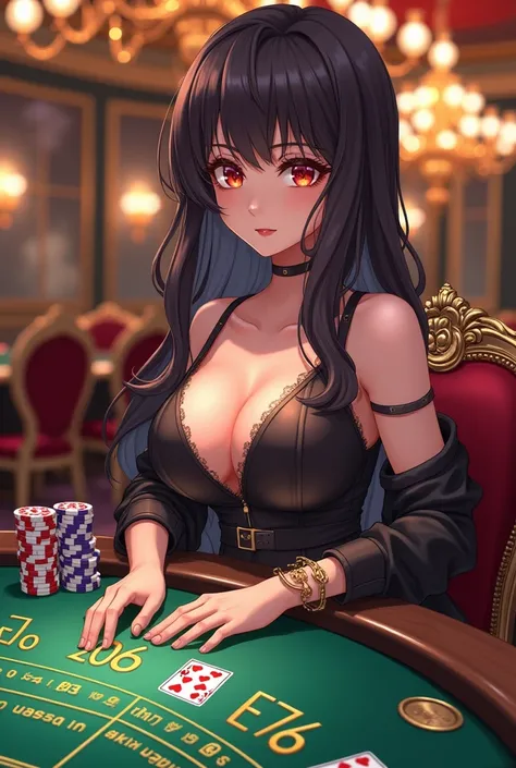 a sexy manga anime girl
 playing at a casino table with the feel of a casino room
