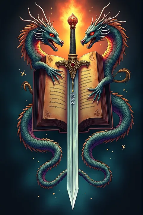 A tattoo of a book ,  a sword and two dragons 