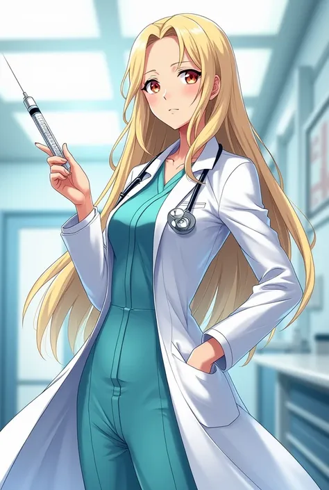 Anime female doctor holding a syringe slime wearing a dress in a hospital hands drawn correctly full body standing 8k long blonde hair 