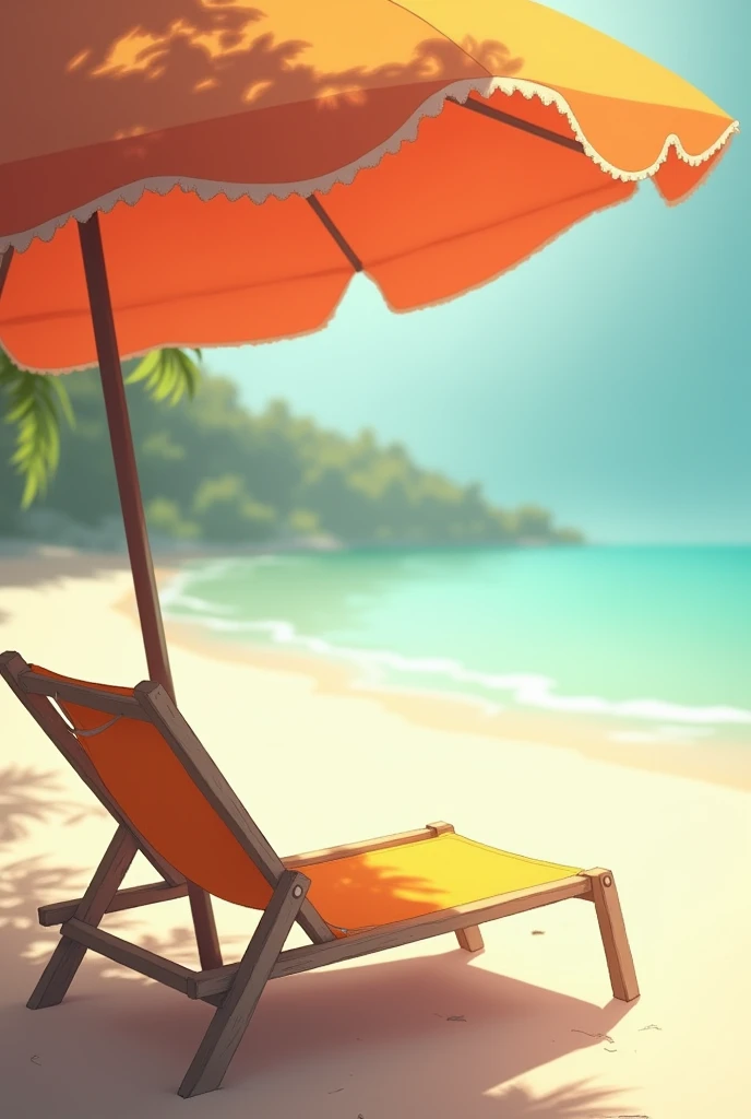 A beach chair close up, the shade of the umbrella on top, char facing corner left, anime