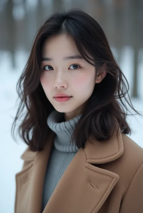 realistic photos oF (1 Korean star FoFa)  shoulder length hair, Fine makeup,  medium size breasts, wearing a coat, Na neve, clear Facial Features,  8K High Resolution ,  crisp, realistic details.From outside, Eye-Level Shot, F/4.0, 135 mm, Fujifilm, jpeg a...