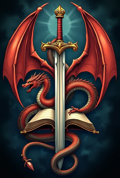 A tattoo of a book , a sword and two winged dragons 