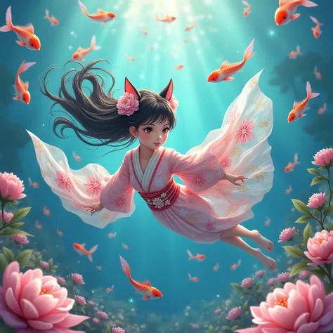  Beautiful Flower Princess with Cat Ears。 wearing a gorgeous and glamorous kimono。Swimming with rainbow-colored fish 。In the beautiful sea。 vivid color。 pink peony 。