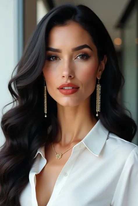 White American woman ,   long wavy and voluminous black hair , big lips,   clear eyes ,  defined thick brow  ,   perfect face.   wearing a white dress shirt , glamorous earrings , gold necklace,  red lipstick, makeup.  within a company  