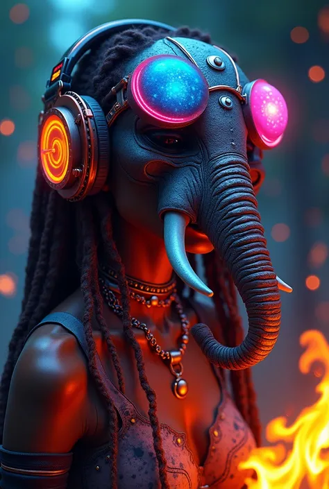  the elite: proto droidgirl goddess elephantmask, dmt art, surreal kali modscreart goddess dreadlocks headphone,hightech steampunk night vision goggles, large cunning sly smile,artgerm like ethereal sculpture , playing with fire dancing, mixing music, led ...