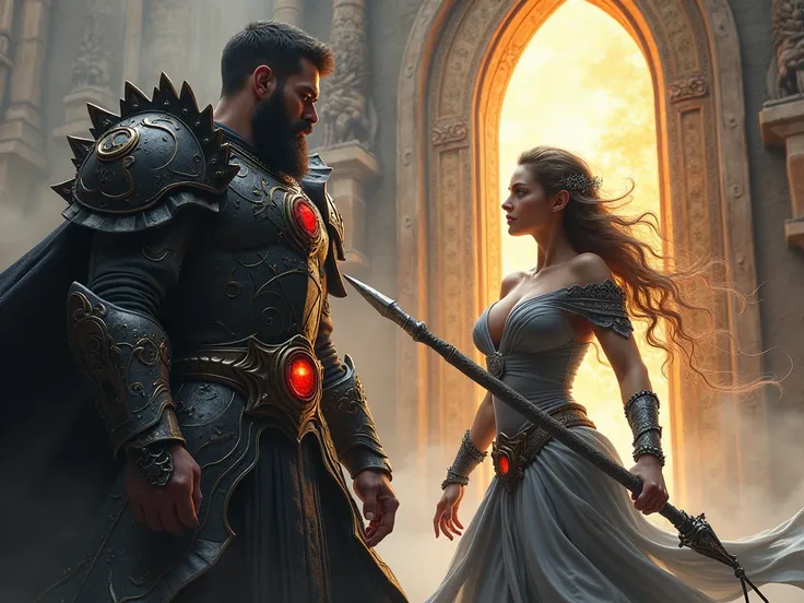 make a fantasy warrior with short black hairs and black beard, black armor with red gems, holding scepter, realistic, background gate to heaven, fights blond elf in gray revealing robe, fire spear, big breasts, blue eyes