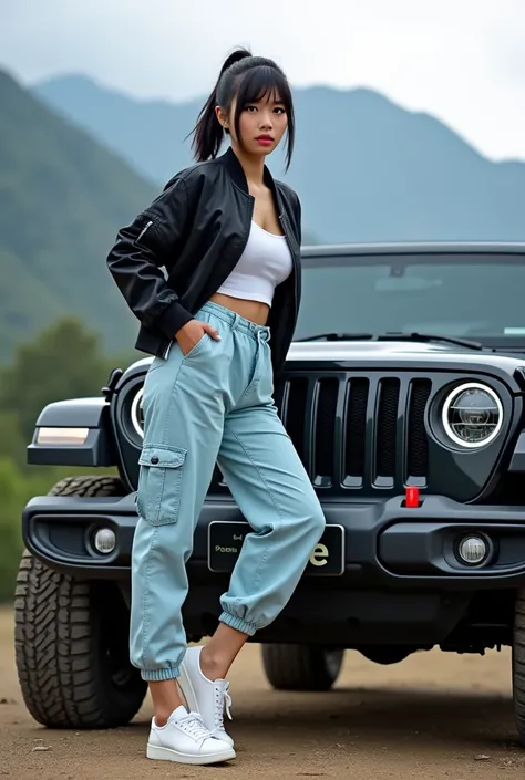 Indonesian woman, short black hair in ponytail, wearing a light blue casual attire, sneakers, black bomber jacket standing while leaning on a Jeep Wrangler Rubicon with text anie on license plate, in the mountains.