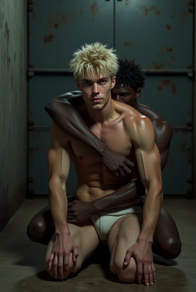 beautiful platinum blond 18 years old naked muscular male model, blond on all fours, black male cuddles him, blond looks in front, in jail cell, nude,  legs open, tight ass