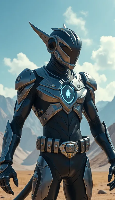 Hyper-realistic cinematic image of a humanoid hybrid created from the fusion of the Black Power Ranger and a monkey. The character features futuristic black and silver armor with sharp, dynamic lines and accents inspired by monkey agility, such as claw-lik...