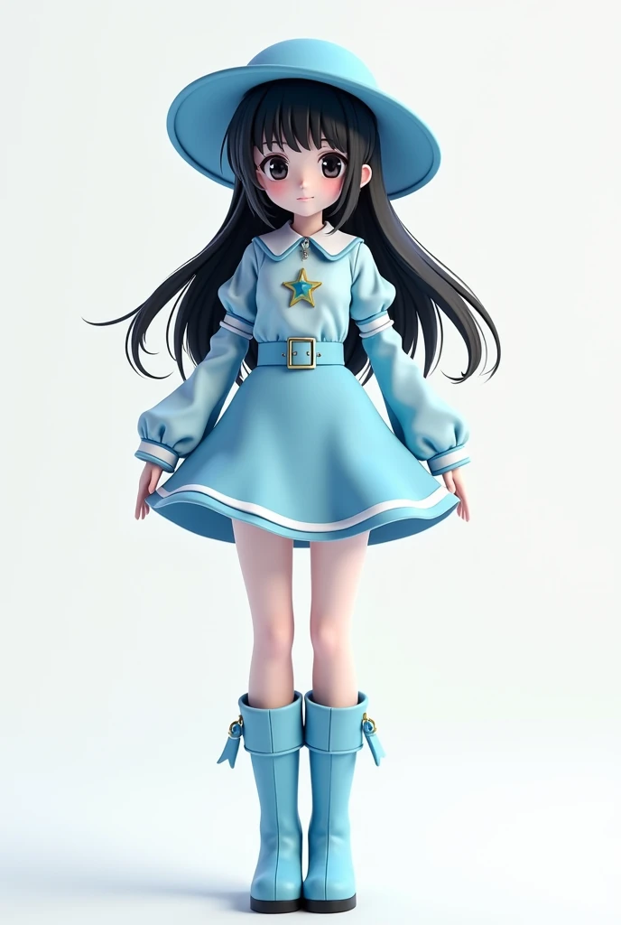  girl with medium long black hair with fringe , white skin with light blue hat , with pupil eyes color black ,  with a star-shaped light blue top with a short blue skirt and a light blue belt and a long boot in light blue and black anime 3d