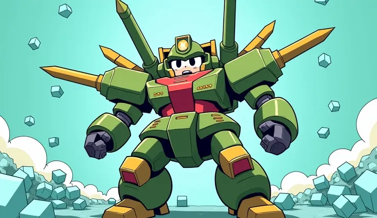 A stylized, cartoon character, centrally positioned, is depicted in a dynamic pose. The character appears to be a robot or mecha-like creature, showcasing a mixture of green, olive, red, and yellow colors.  Its design incorporates various mechanical elemen...