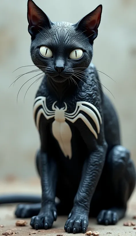 Venom And Cat Physically Combined And A New Hybrid Formed, Venoms Skin, Cats Detailed Body Texture, Full Black, Venoms Big White Eyes, Venoms Logo