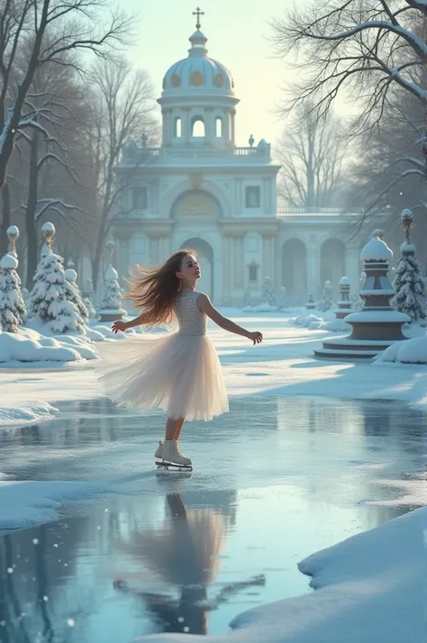 scene: winter garden in Tsarskoye Selo, girl on ice skates