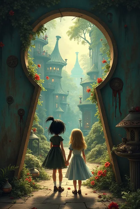 Create a picture with Coraline and Alice in Wonderland by mixing the two worlds seen through a keyhole