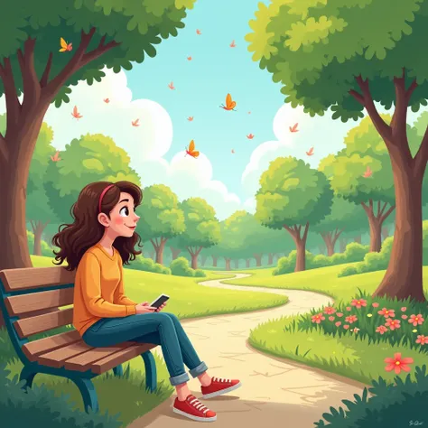 Emma sitting in a peaceful park, thinking about all the positive changes. cartoon