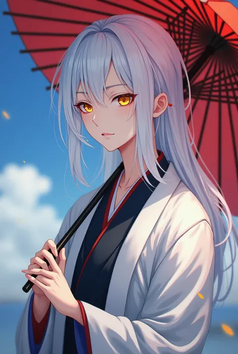 Anime male with long white hair and golden eyes, has a beauty mark under his left eye, wears kimono and has an umbrella