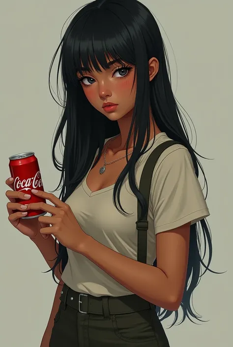  I would like to create an image of a girl who really likes to sleep, Coca-Cola ,  she goes bitter and is very quarrelsome ,  is between 22 years old ,  tall and with long hair below her shoulders color black , Cinnamon skin and she is an agricultural engi...