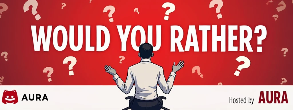 I need a banner for a "Would you Rather" event in the "Aura" discord server in a red and white theme, with a few question marks around, with the name of the phrase " Hosted by AURA" at the bottom, the discord logo at the corner, and a man in the middle tel...