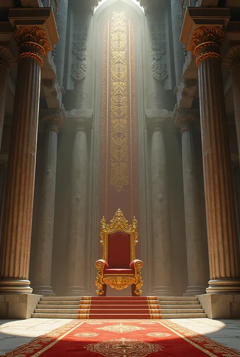 Create a huge throne room, , stone pillars and roof, and a huge throne with photorealistic golden parts.. 