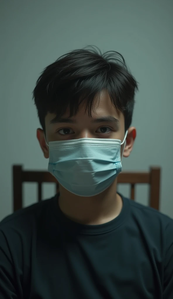 An 18-year-old boy with a realistic appearance is sitting on a chair, wearing a mask on his face, and looking straight ahead.

