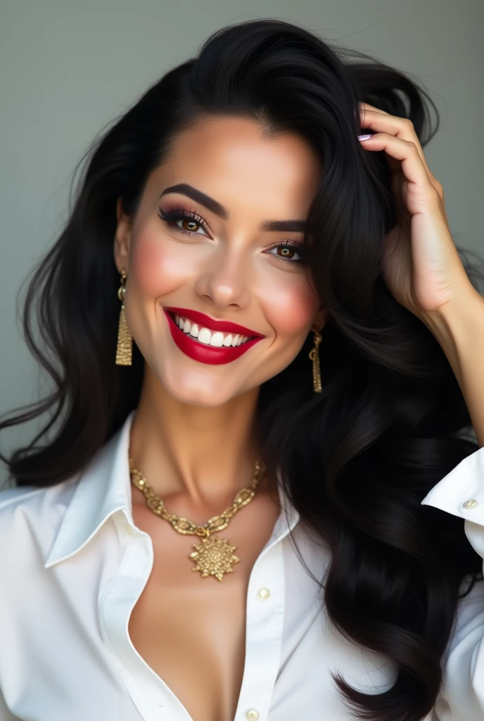 white American woman ,    long wavy and voluminous black hair  , big lips,    clear eyes ,   defined thick brow   ,    perfect face.   using a white dress shirt , glamorous earrings  ,  gold necklace ,   red lipstick, makeup.   within a company .  Dynamic ...