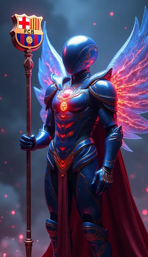 A radiant armor in blue and burgundy, representing FC Barcelona. It features light wings and a staff with a football emblem, exuding cosmic energy.