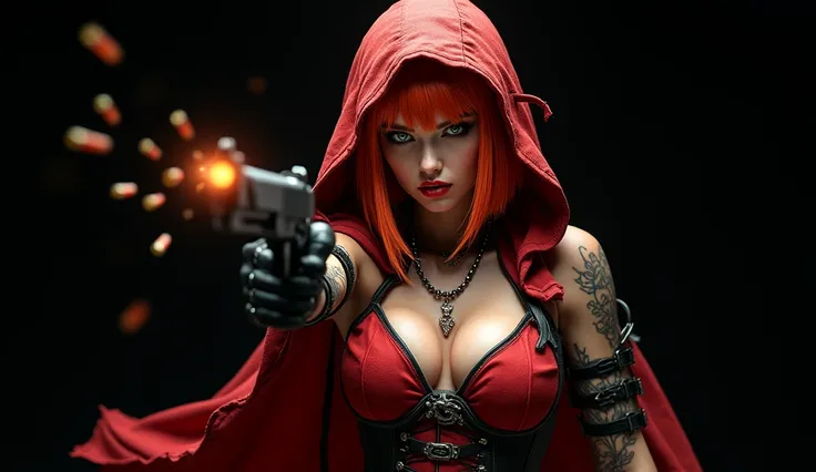 High quality image, 8k, high definition, of a beautiful woman, sublime beauty, she is dressed as a sexualized huper red riding hood. sexy warrior red riding hood. scaled bob hair cut with bangs. Orange redhead, highly detailed hair. Very detailed and expre...