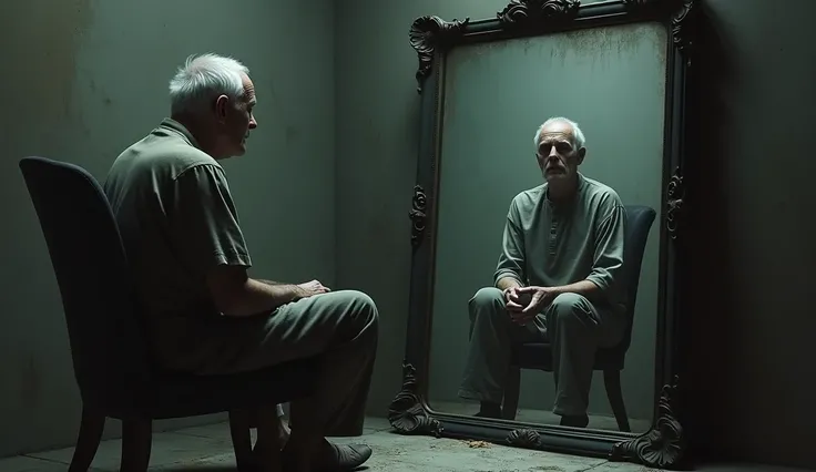 man looking at a mirror, sitting on a chair, reflection is a skeleton