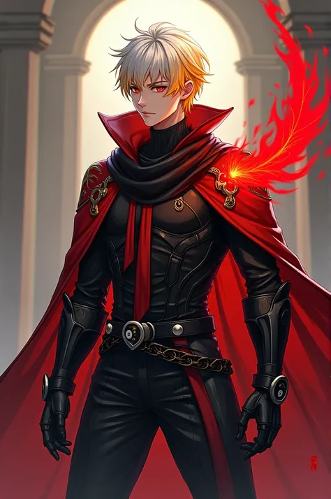 A man, short hair, yellow hair with white bangs, red eyes, wearing black body armor and his red coat is a kind of holy shroud, serious look, right arm is a black demonic arm with some red parts, Black gloves with the Yin Yang symbol, long black and red sca...