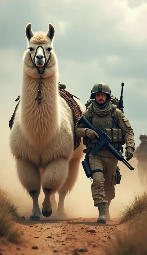 A powerful and massive white llama marches alongside a Peruvian soldier in full tactical gear. The llama has a rugged appearance with its detailed fur and leather harness, symbolizing strength and courage. Dust and dirt rise around them as they advance acr...