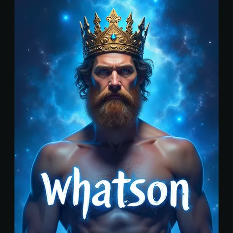  A man with a light brown beard,  as a background a blue galaxy ,  there is an inscription  "Whatson" In front of the man . Luomo ha una corona, luomo è a petto nudo