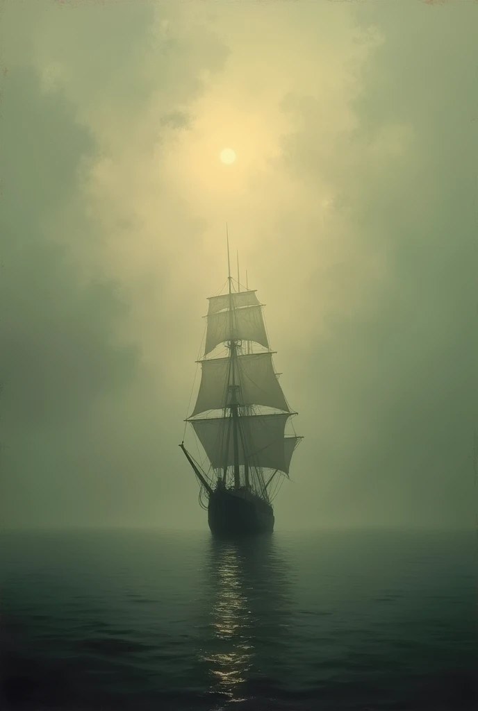 "A final medieval-style painting of the Mary Celeste fading into the misty horizon, symbolizing the enduring mystery, with soft, glowing light enveloping the scene."