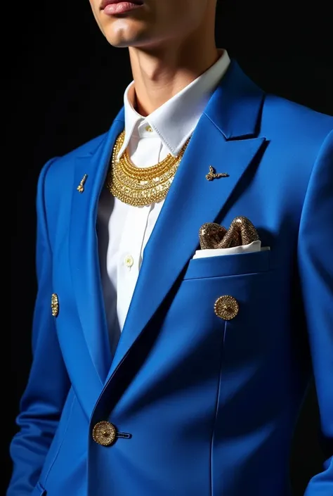 Electric blue suit and white shirt and gold dots with gold michi necklace without body or mannequin only the top black background
