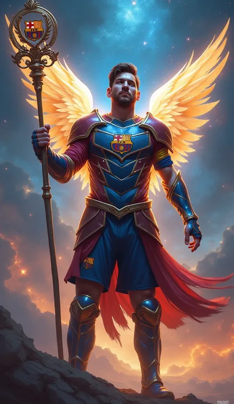 Lionel Messi: A radiant armor in blue and burgundy, representing FC Barcelona. It features light wings and a staff with a football emblem, exuding cosmic energy.